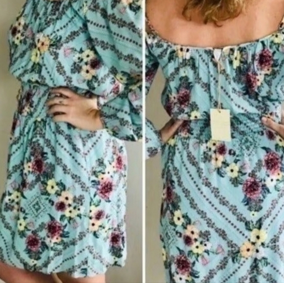 M/L Ella Moon Floral Off the Shoulder Elastic Waist Lined Dress - Picture 2 of 11